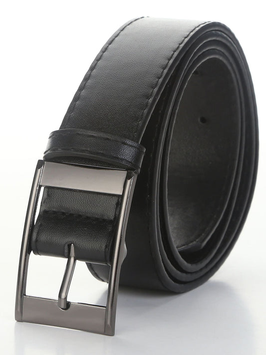 1pc Men Black Rectangular Buckle PU Leather Fashionable Plus Size Belt, Suitable For Daily Wear   Long Belt Casual