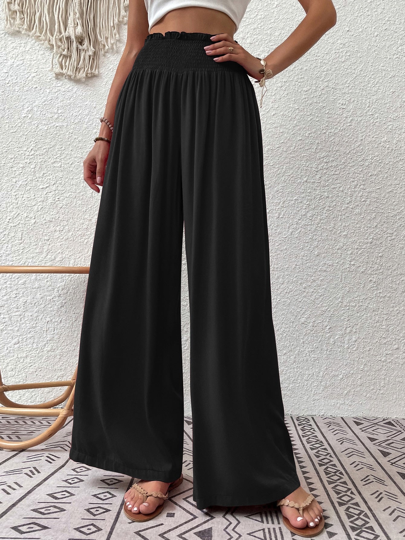 VCAY Shirred Waist Wide Leg Pants