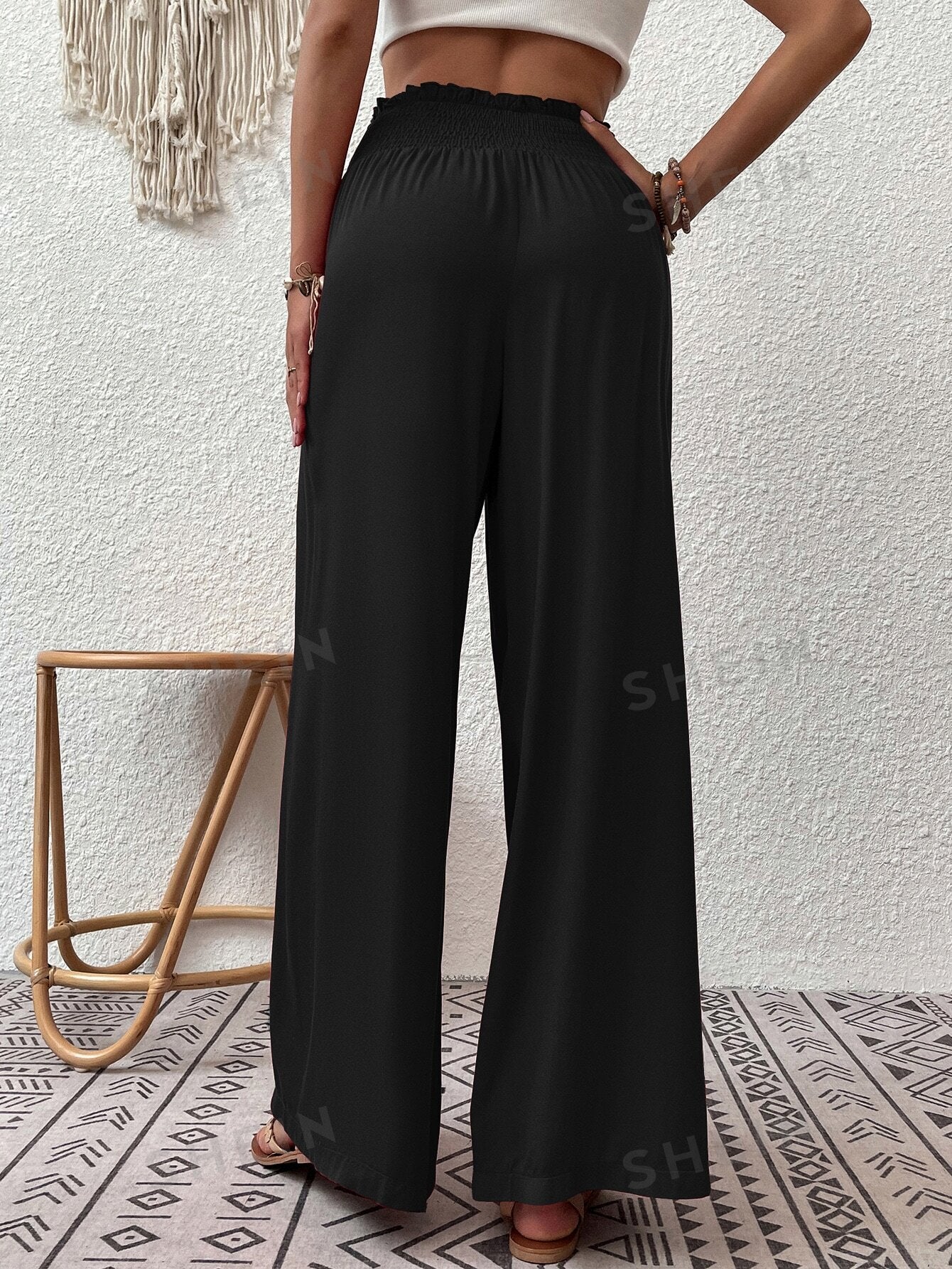 VCAY Shirred Waist Wide Leg Pants