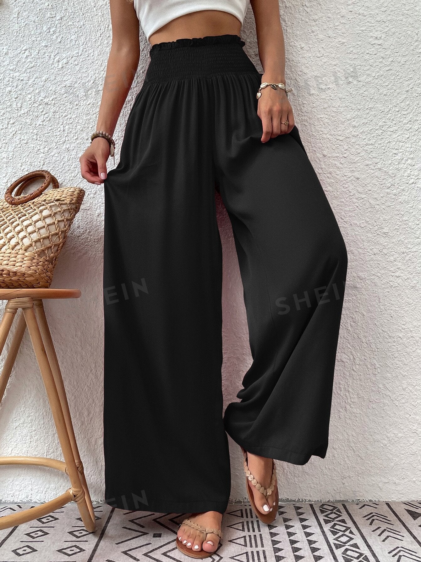 VCAY Shirred Waist Wide Leg Pants