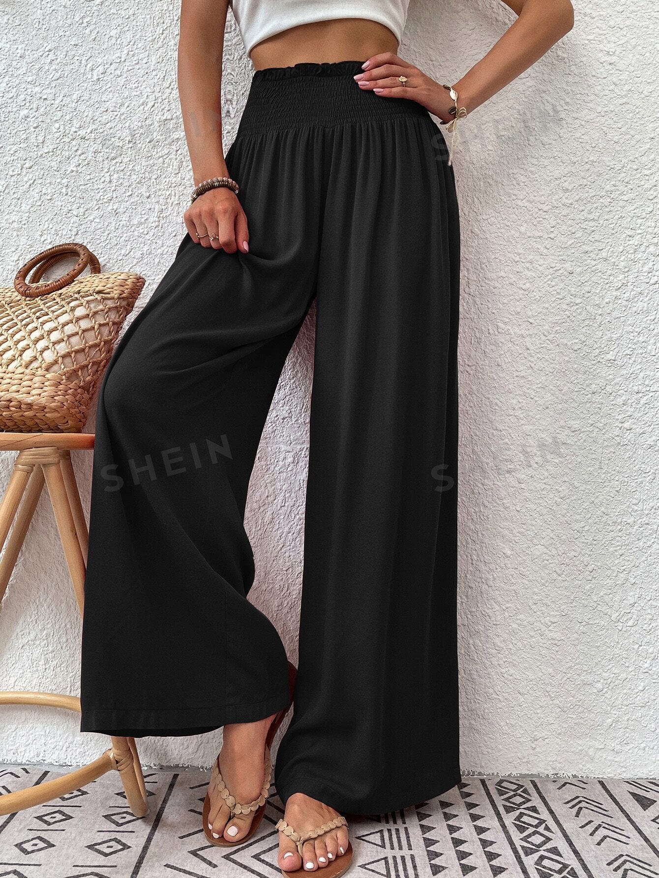 VCAY Shirred Waist Wide Leg Pants