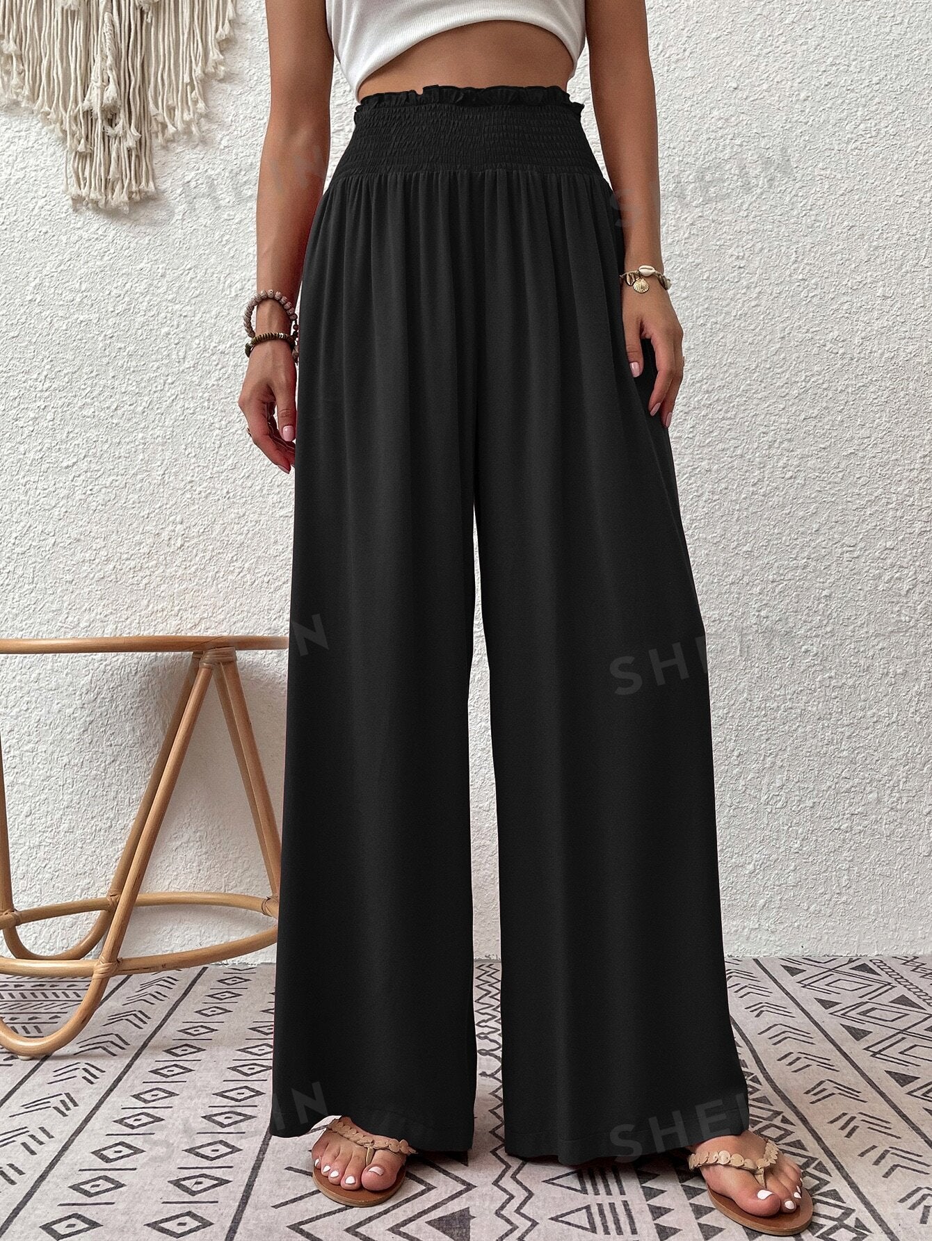 VCAY Shirred Waist Wide Leg Pants