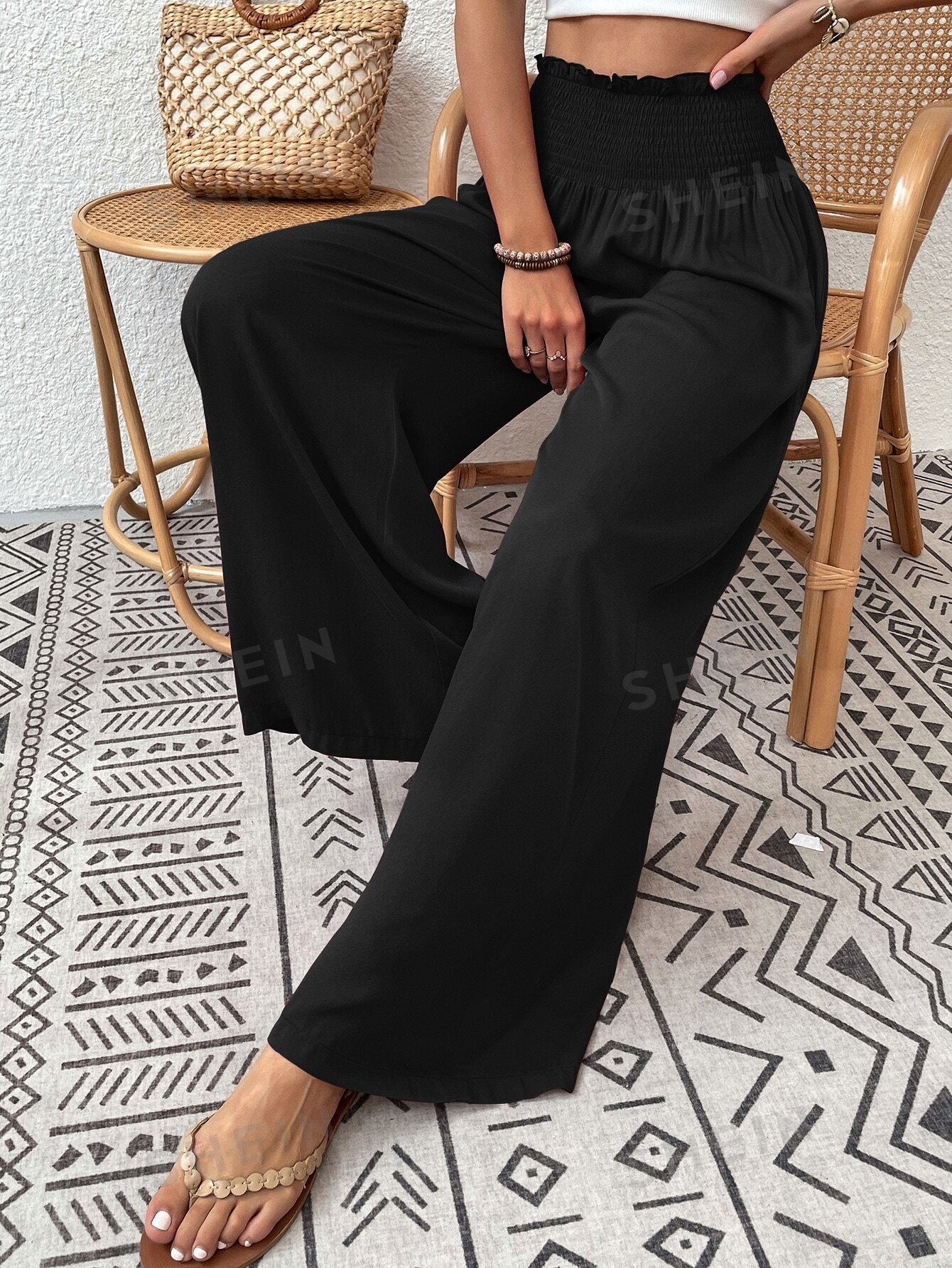 VCAY Shirred Waist Wide Leg Pants