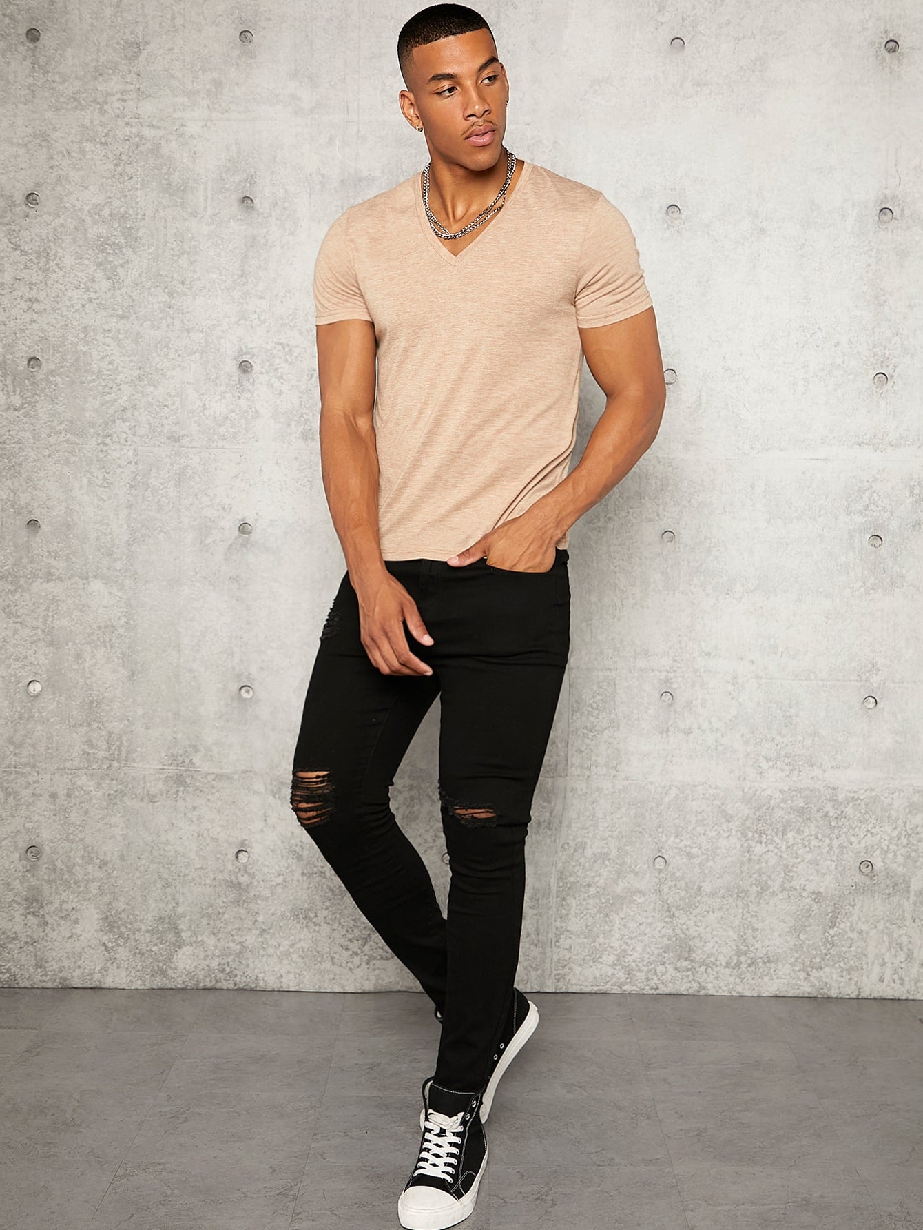 Manfinity Homme Men T-Shirts V Neck Short Sleeve Plain Simple Fashion Men Clothes Summer Knit Top