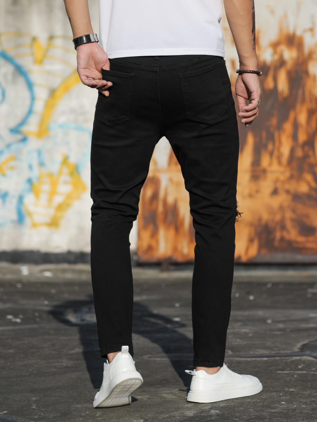 Manfinity LEGND Men Cotton Ripped Frayed Skinny Jeans Slim Fit Long Jean Cargo Plain Black Urban Fashion Friends