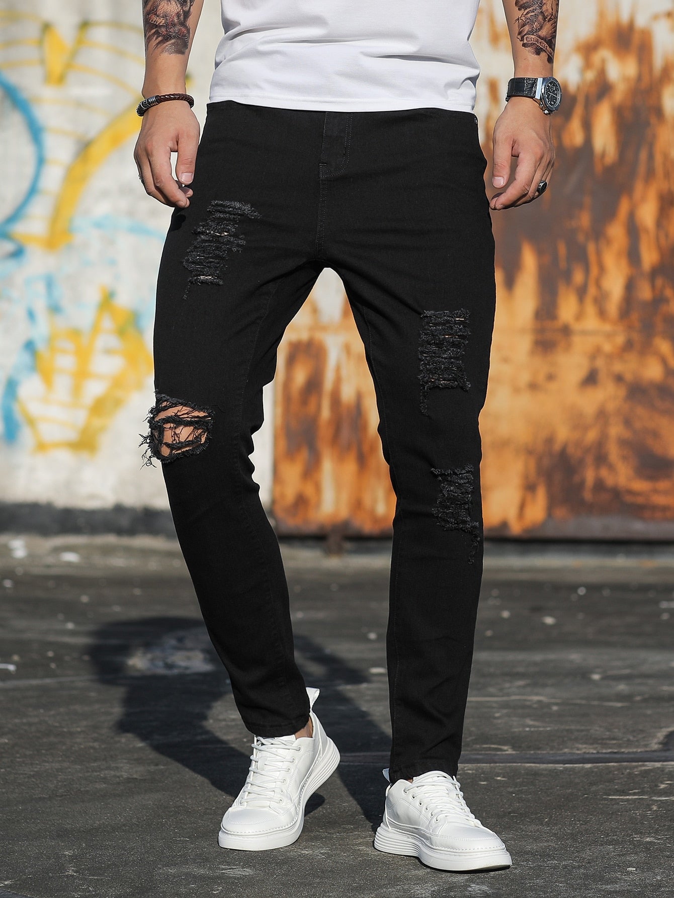 Manfinity LEGND Men Cotton Ripped Frayed Skinny Jeans Slim Fit Long Jean Cargo Plain Black Urban Fashion Friends