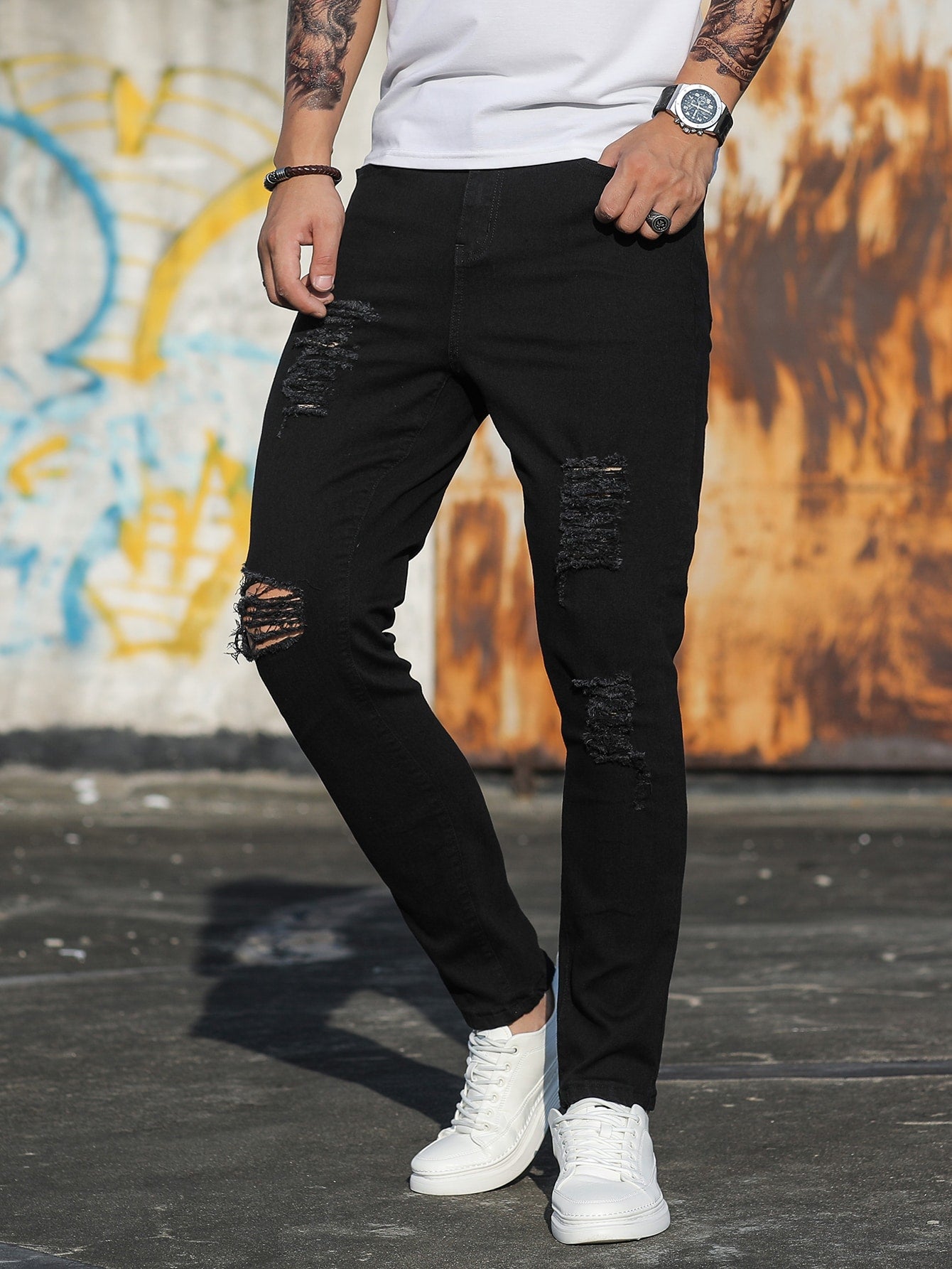 Manfinity LEGND Men Cotton Ripped Frayed Skinny Jeans Slim Fit Long Jean Cargo Plain Black Urban Fashion Friends