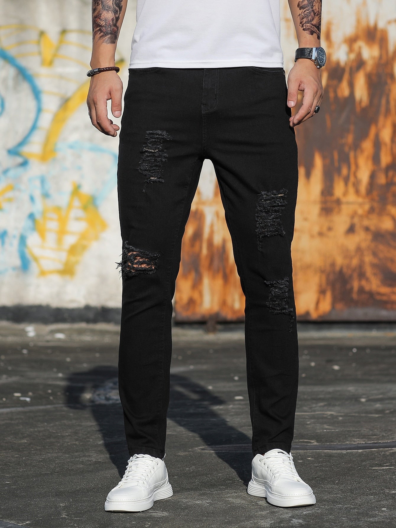 Manfinity LEGND Men Cotton Ripped Frayed Skinny Jeans Slim Fit Long Jean Cargo Plain Black Urban Fashion Friends