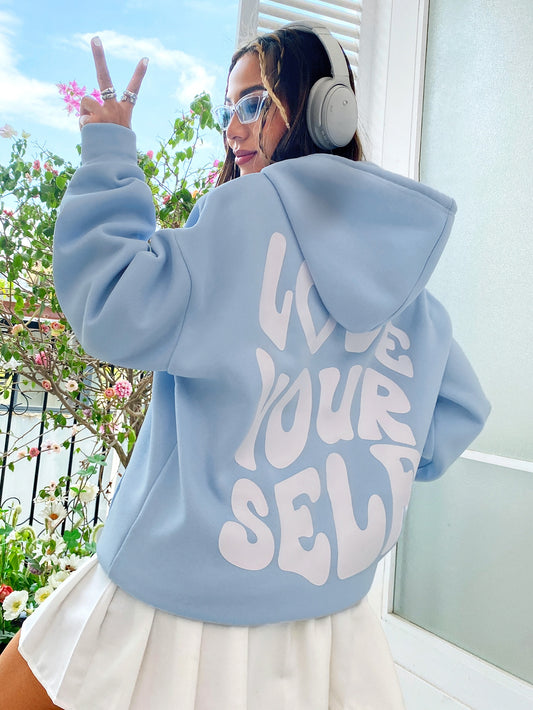 MOOSTA Slogan Graphic Drop Shoulder Drawstring Thermal Lined Hoodie LOVE YOURSELF,Long Sleeve Tops