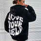 MOOSTA Slogan Graphic Drop Shoulder Drawstring Thermal Lined Hoodie LOVE YOURSELF,Long Sleeve Tops