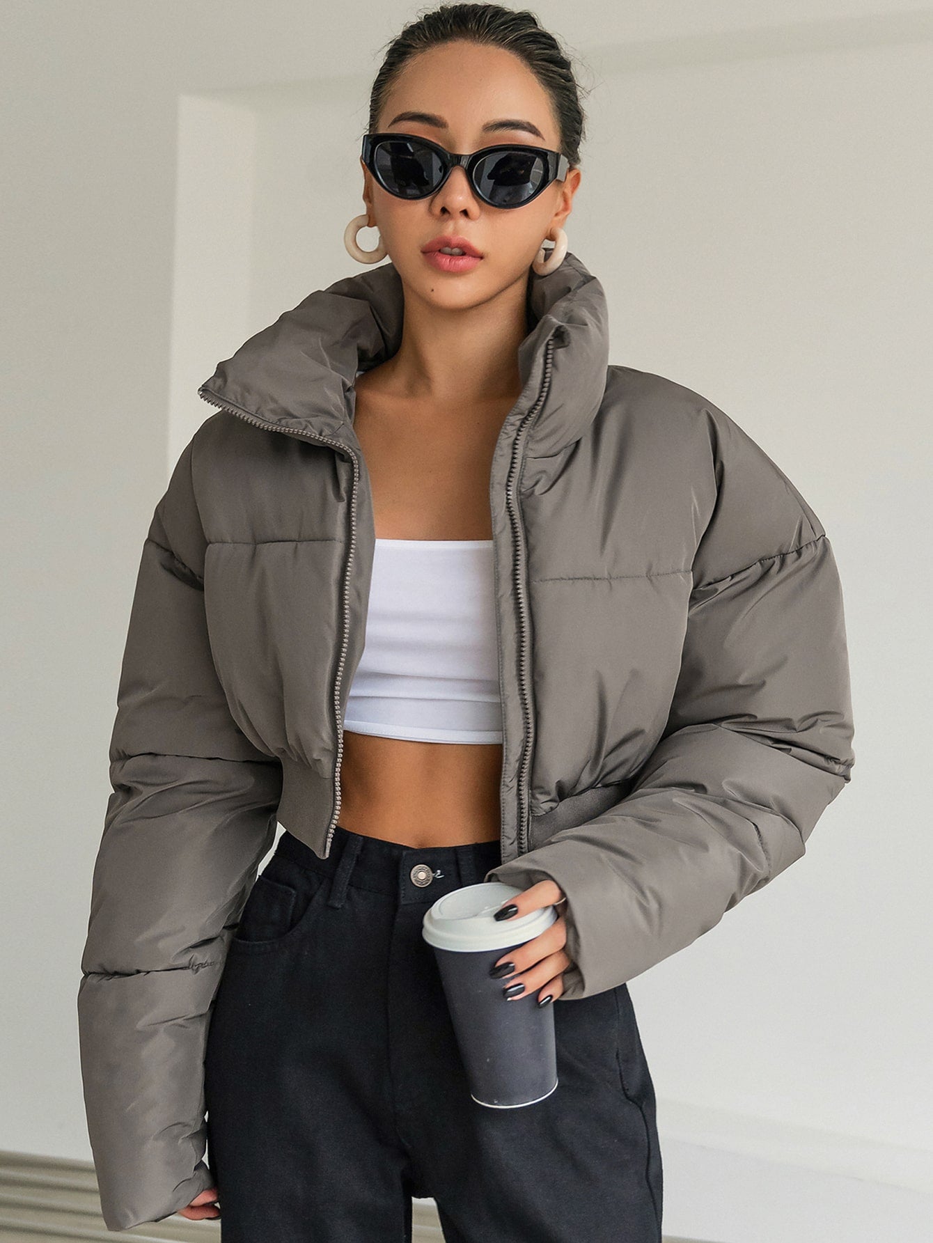 DAZY Drop Shoulder Zipper Crop Puffer Thick Pockets Coat ,Winter Women Clothes,Winter Coat Women