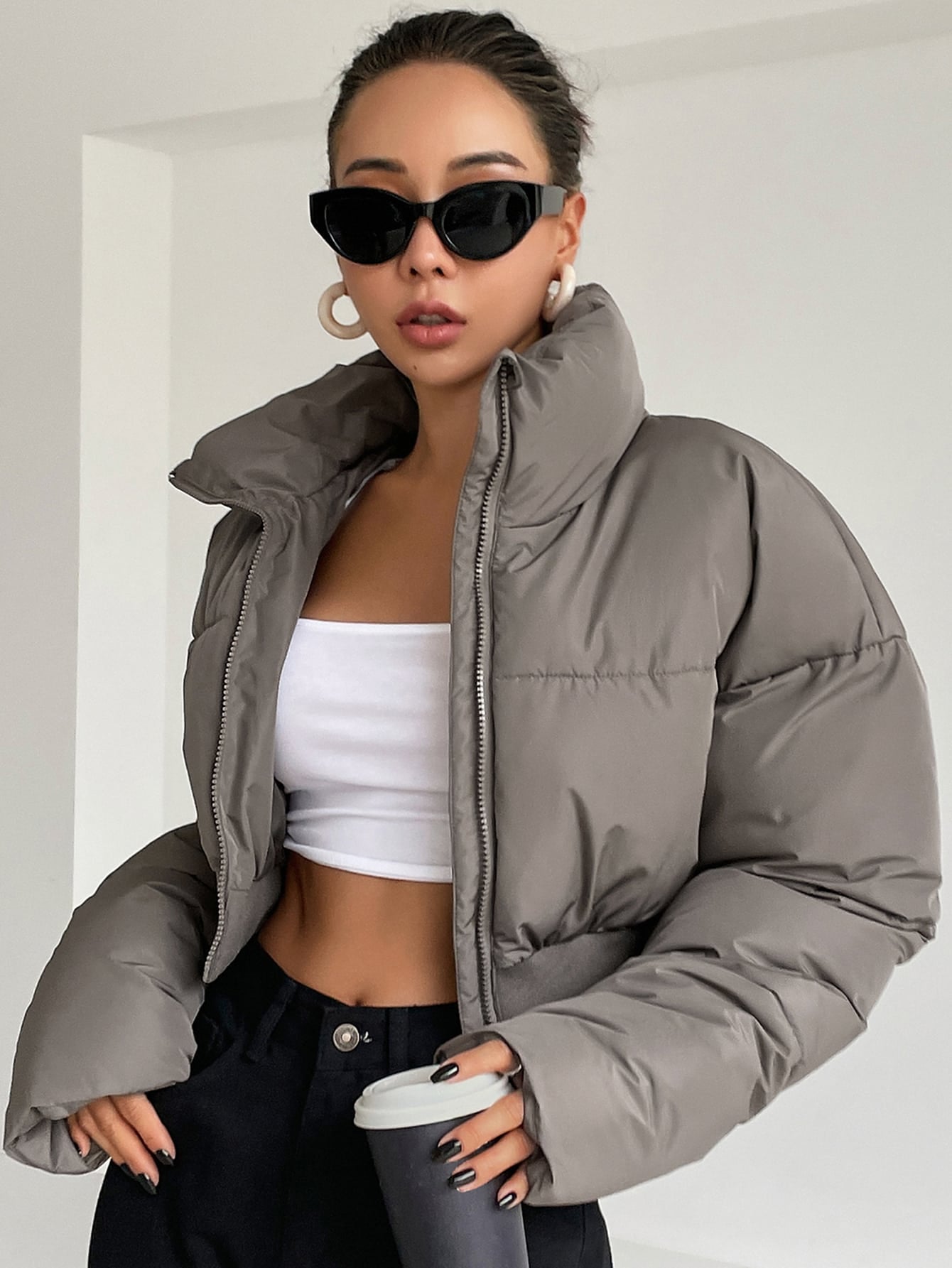 DAZY Drop Shoulder Zipper Crop Puffer Thick Pockets Coat ,Winter Women Clothes,Winter Coat Women