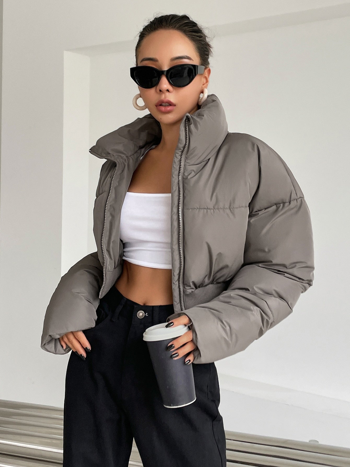 DAZY Drop Shoulder Zipper Crop Puffer Thick Pockets Coat ,Winter Women Clothes,Winter Coat Women