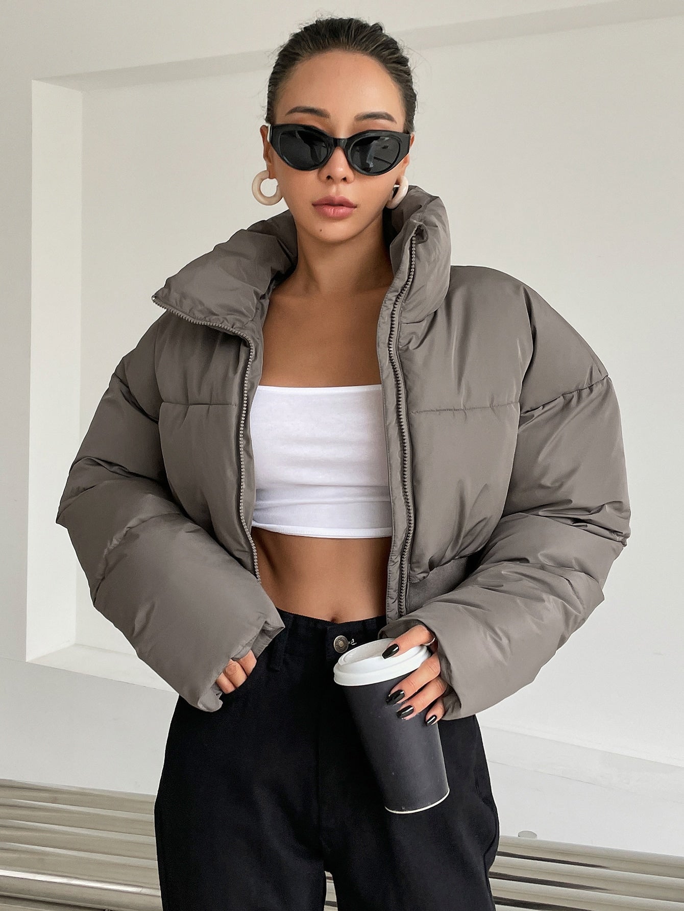 DAZY Drop Shoulder Zipper Crop Puffer Thick Pockets Coat ,Winter Women Clothes,Winter Coat Women