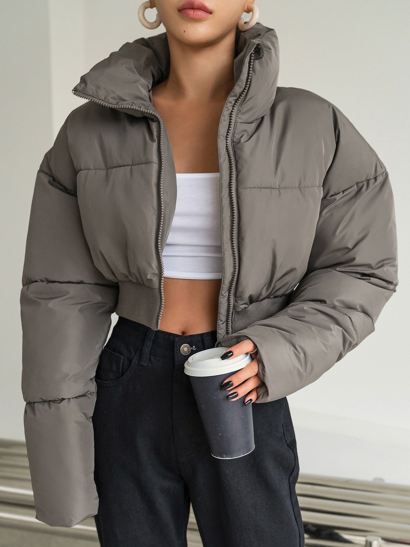 DAZY Drop Shoulder Zipper Crop Puffer Thick Pockets Coat ,Winter Women Clothes,Winter Coat Women