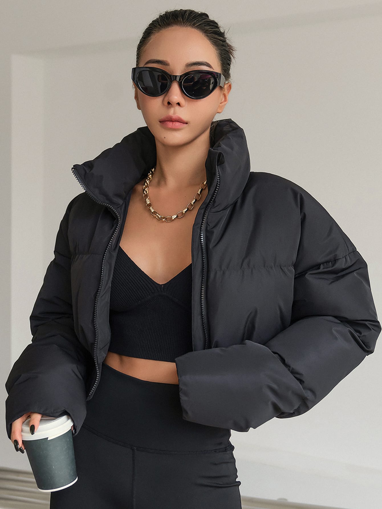 DAZY Drop Shoulder Zipper Crop Puffer Thick Pockets Coat ,Winter Women Clothes,Winter Coat Women