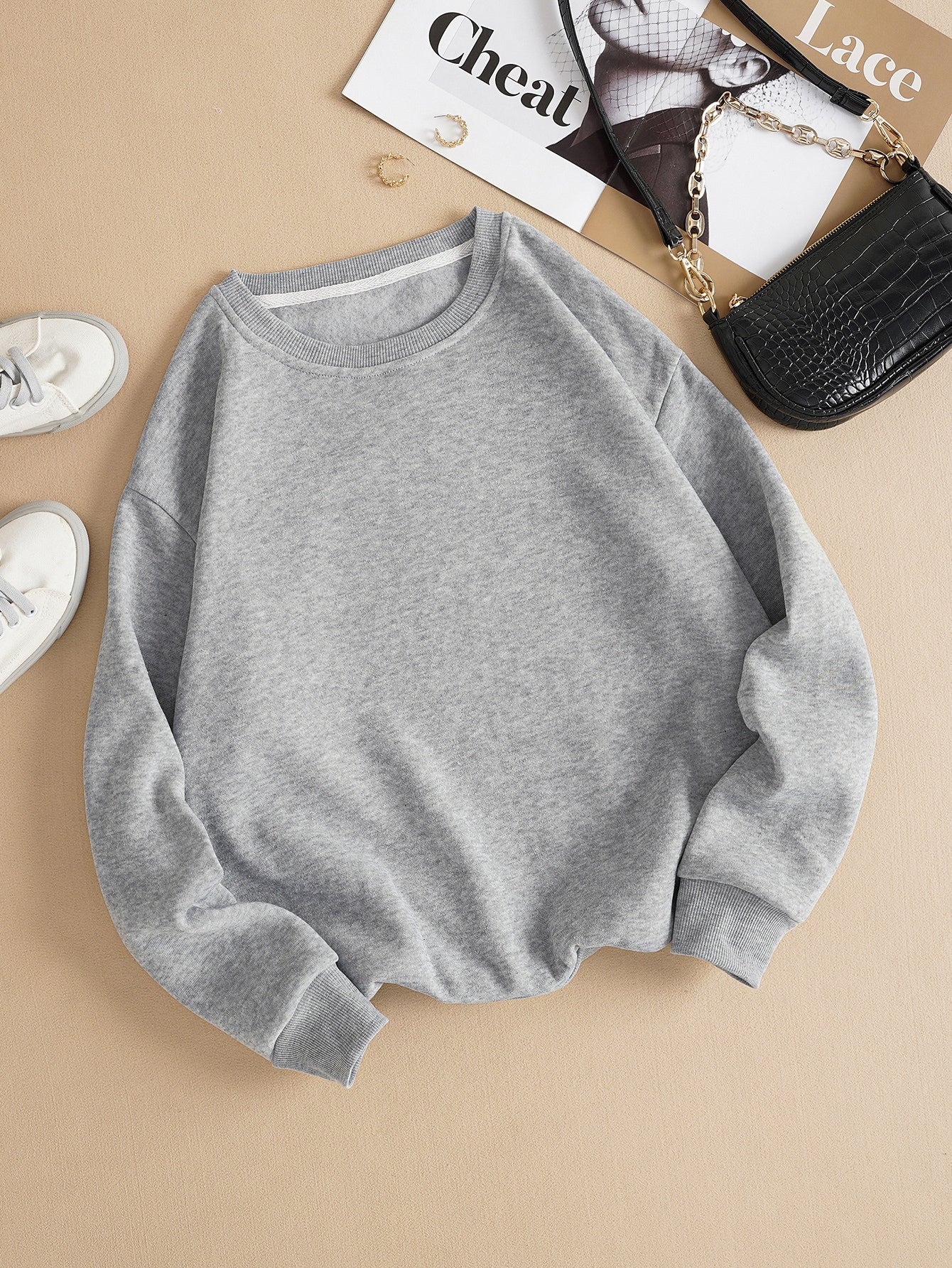 INAWLY Solid Round Neck Thermal Lined Sweatshirt,Long Sleeve Tops