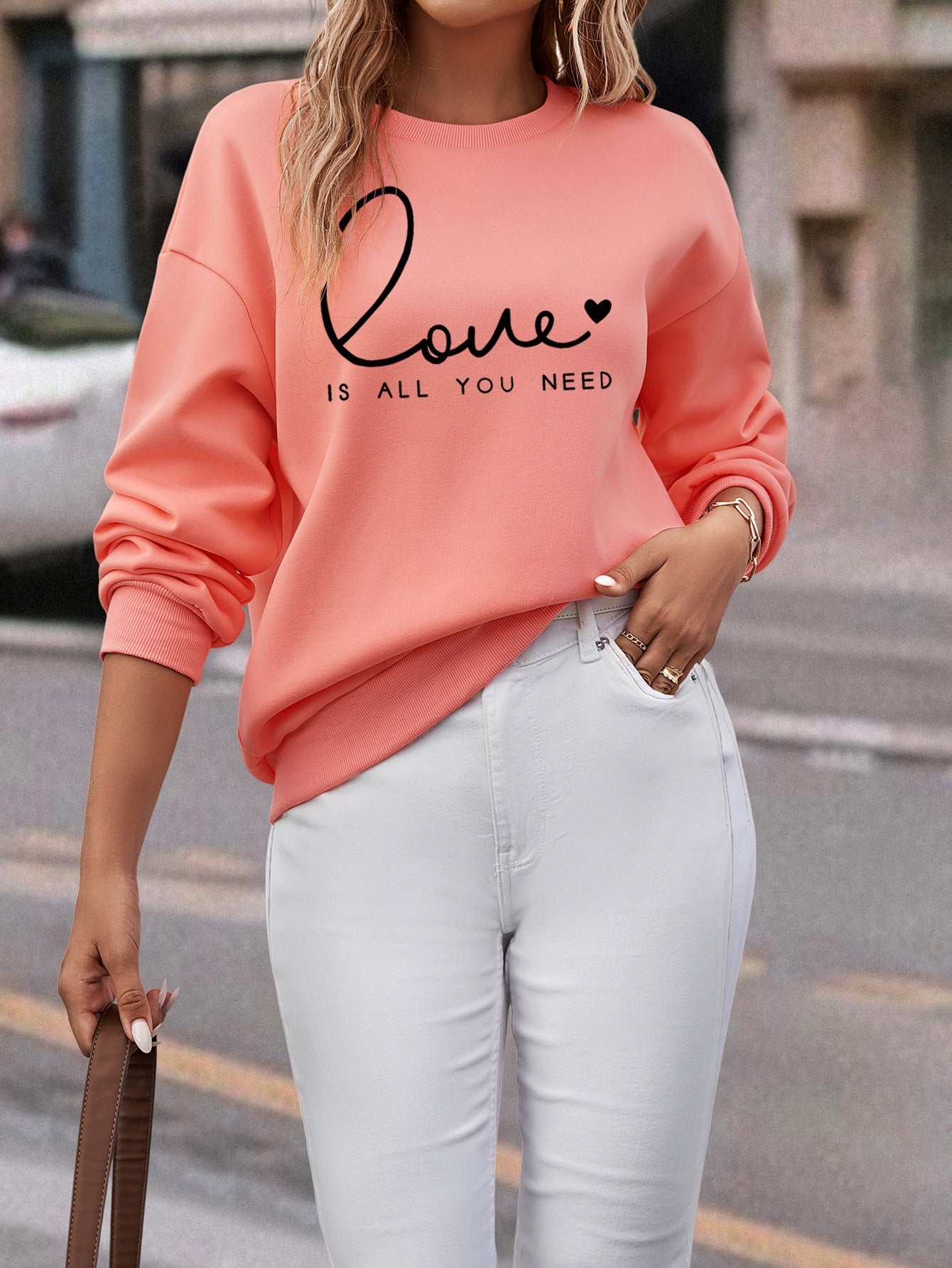 LUNE Heart And Slogan Graphic Drop Shoulder Sweatshirt Love Is All You Need