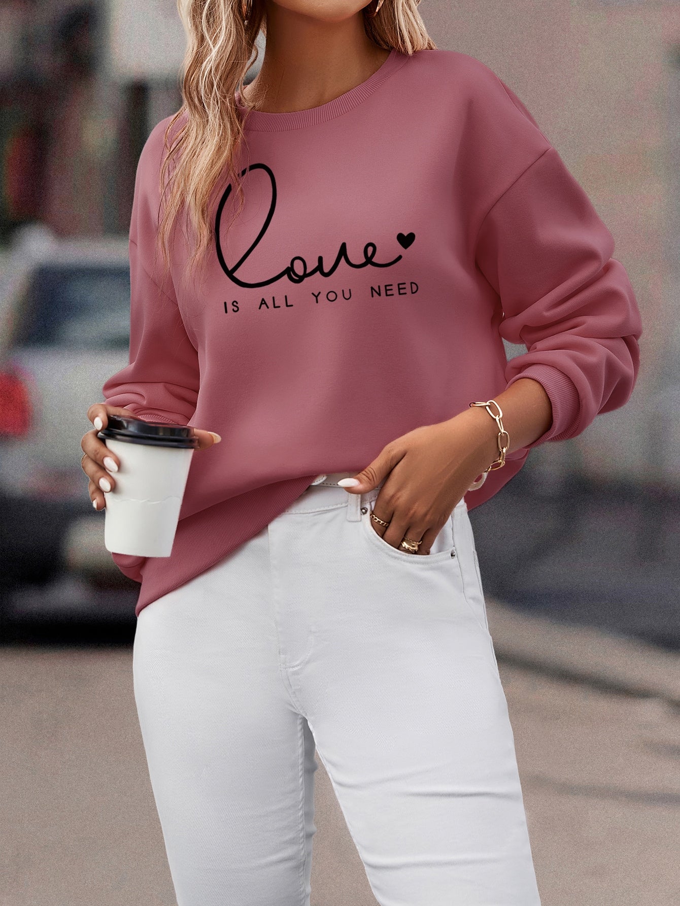 LUNE Heart And Slogan Graphic Drop Shoulder Sweatshirt Love Is All You Need