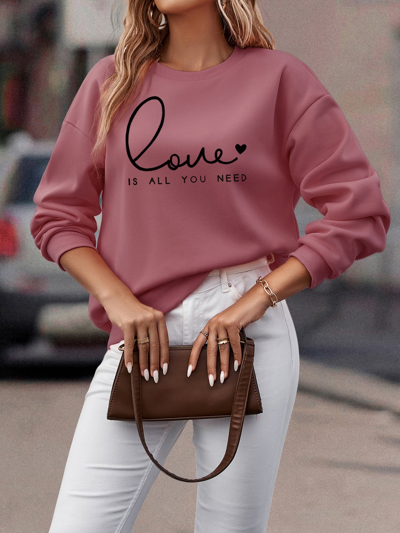 LUNE Heart And Slogan Graphic Drop Shoulder Sweatshirt Love Is All You Need