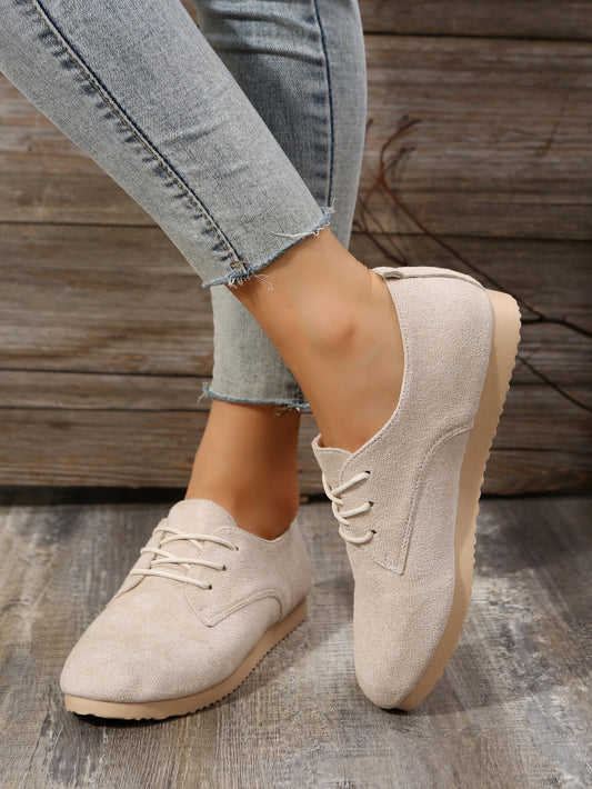 Faux Suede Lace-up Front Flat Oxfords, Beige Elegant Solid Color Women's Flat Shoes