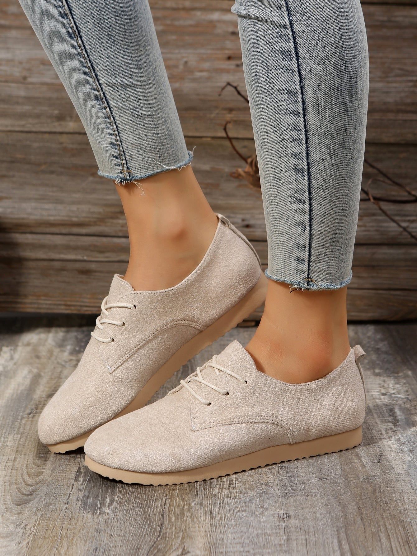 Faux Suede Lace-up Front Flat Oxfords, Beige Elegant Solid Color Women's Flat Shoes