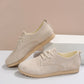 Faux Suede Lace-up Front Flat Oxfords, Beige Elegant Solid Color Women's Flat Shoes