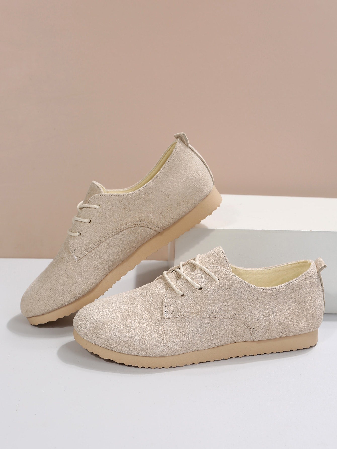 Faux Suede Lace-up Front Flat Oxfords, Beige Elegant Solid Color Women's Flat Shoes