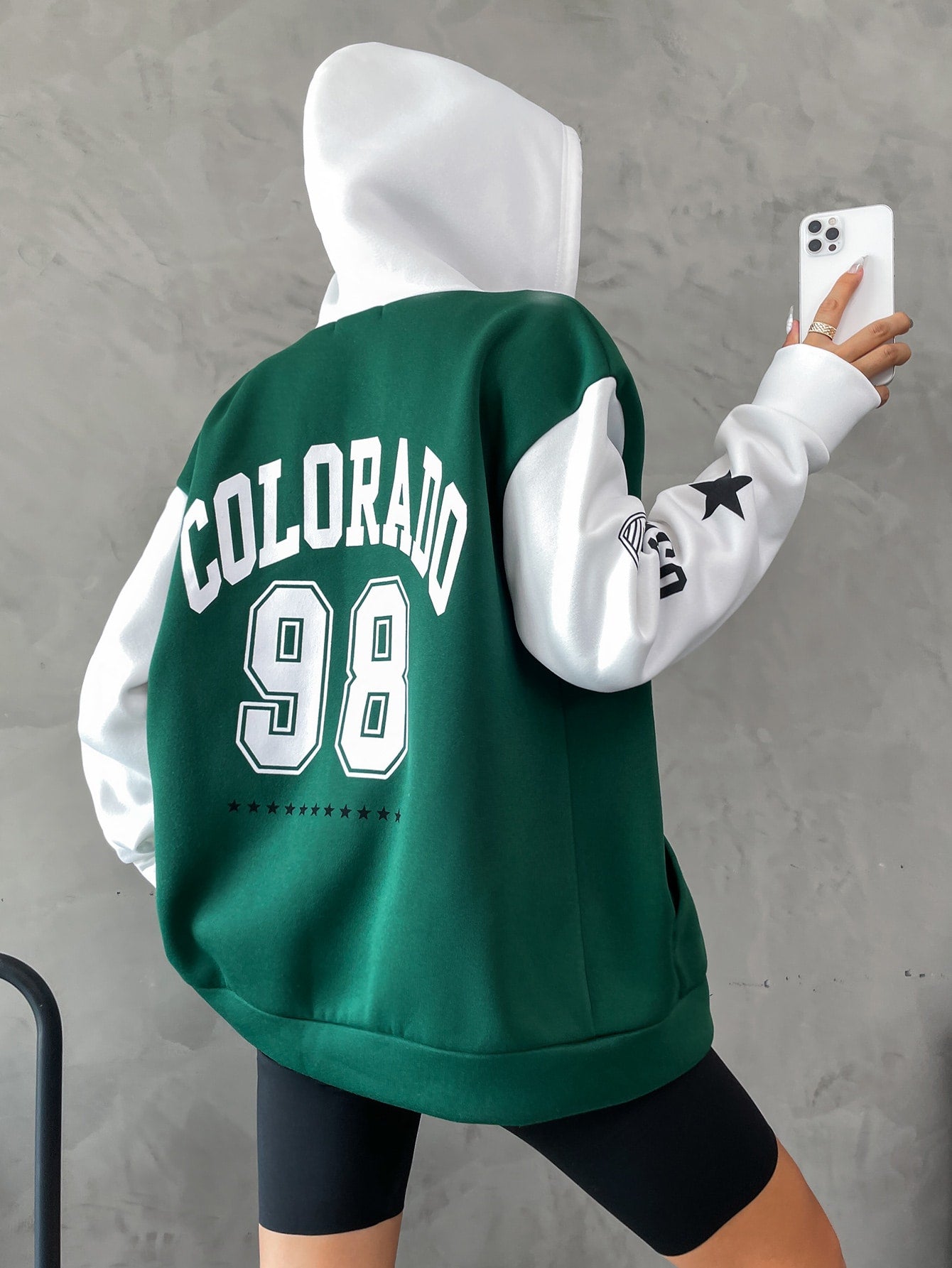 MOOSTA Letter Graphic Colorblock Drop Shoulder Zip Up Drawstring Hoodie,Long Sleeve Tops