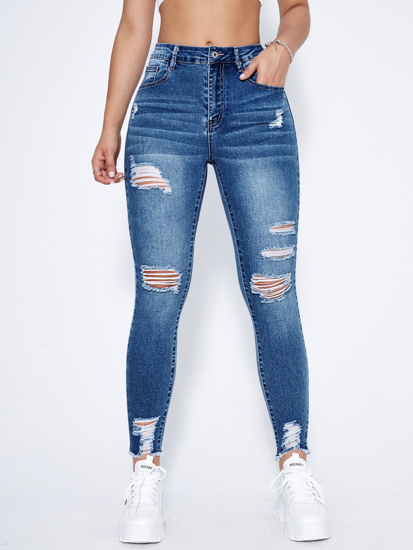 Essnce High Waist Ripped Moustache Effect Skinny Jeans