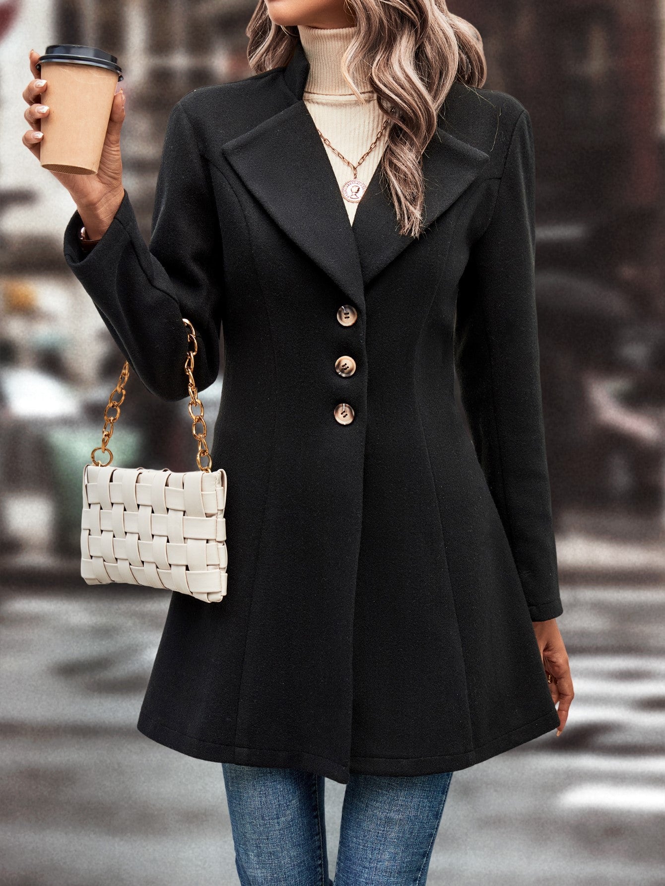 Clasi Lapel Neck Single Breasted Overcoat,Ladies Late Fall Elegant Button Regular Sleeve Lapel Regular Fit Black Plain Women Overcoats,Casual Daily Wear