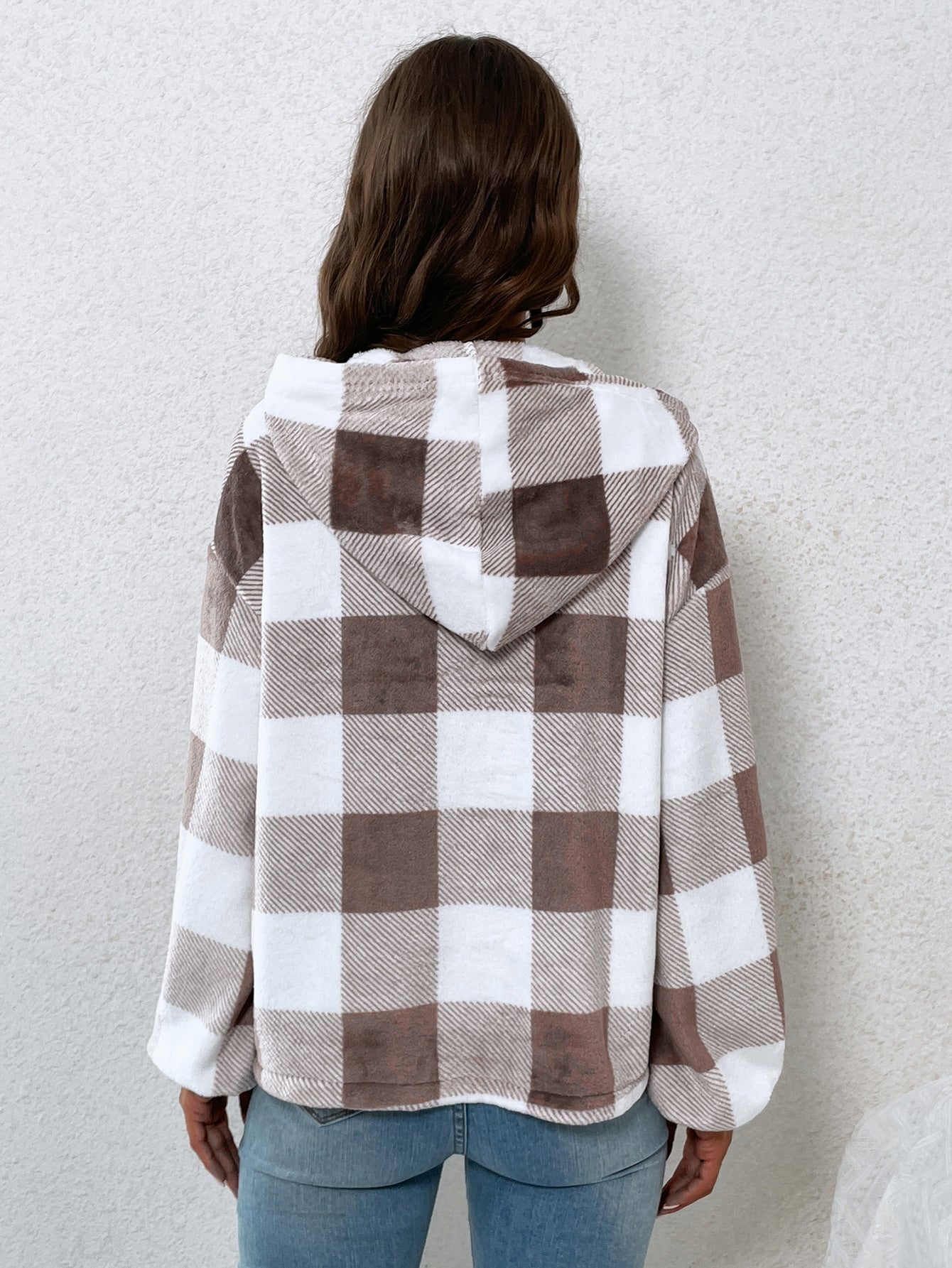 Essnce Gingham Half Button Drop Shoulder Hoodie