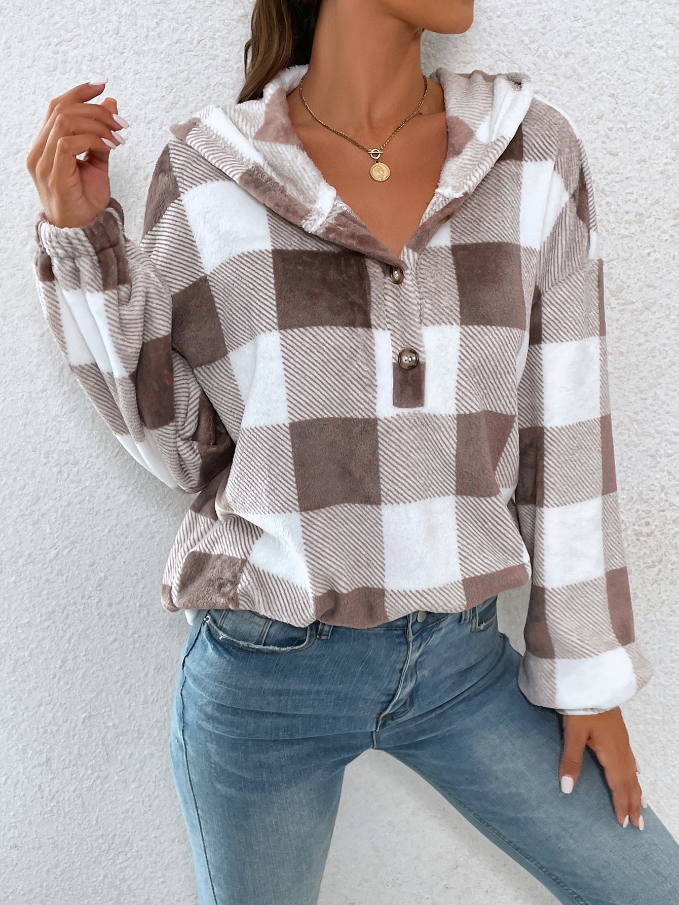 Essnce Gingham Half Button Drop Shoulder Hoodie