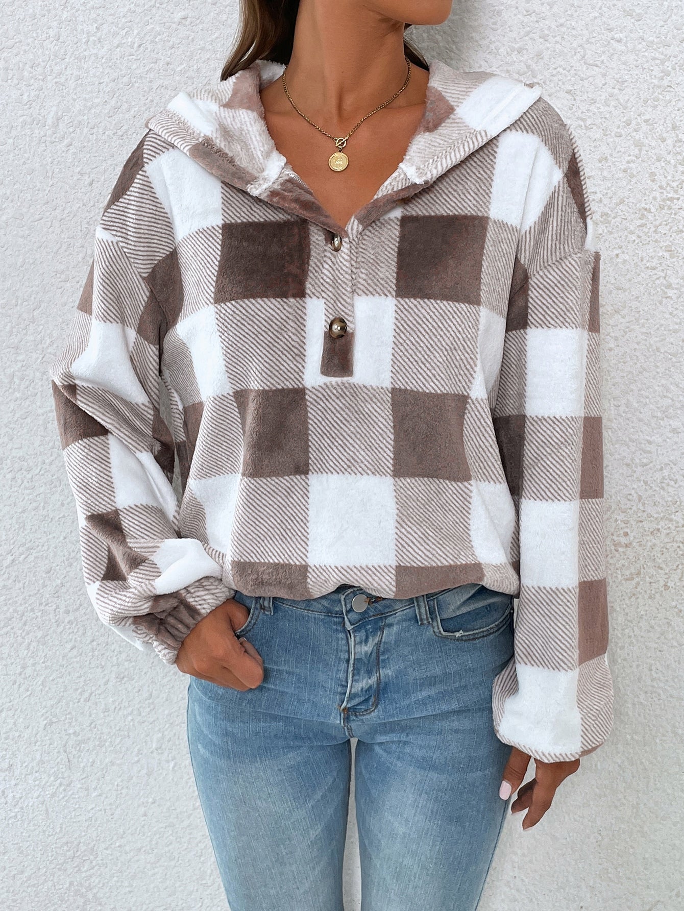 Essnce Gingham Half Button Drop Shoulder Hoodie