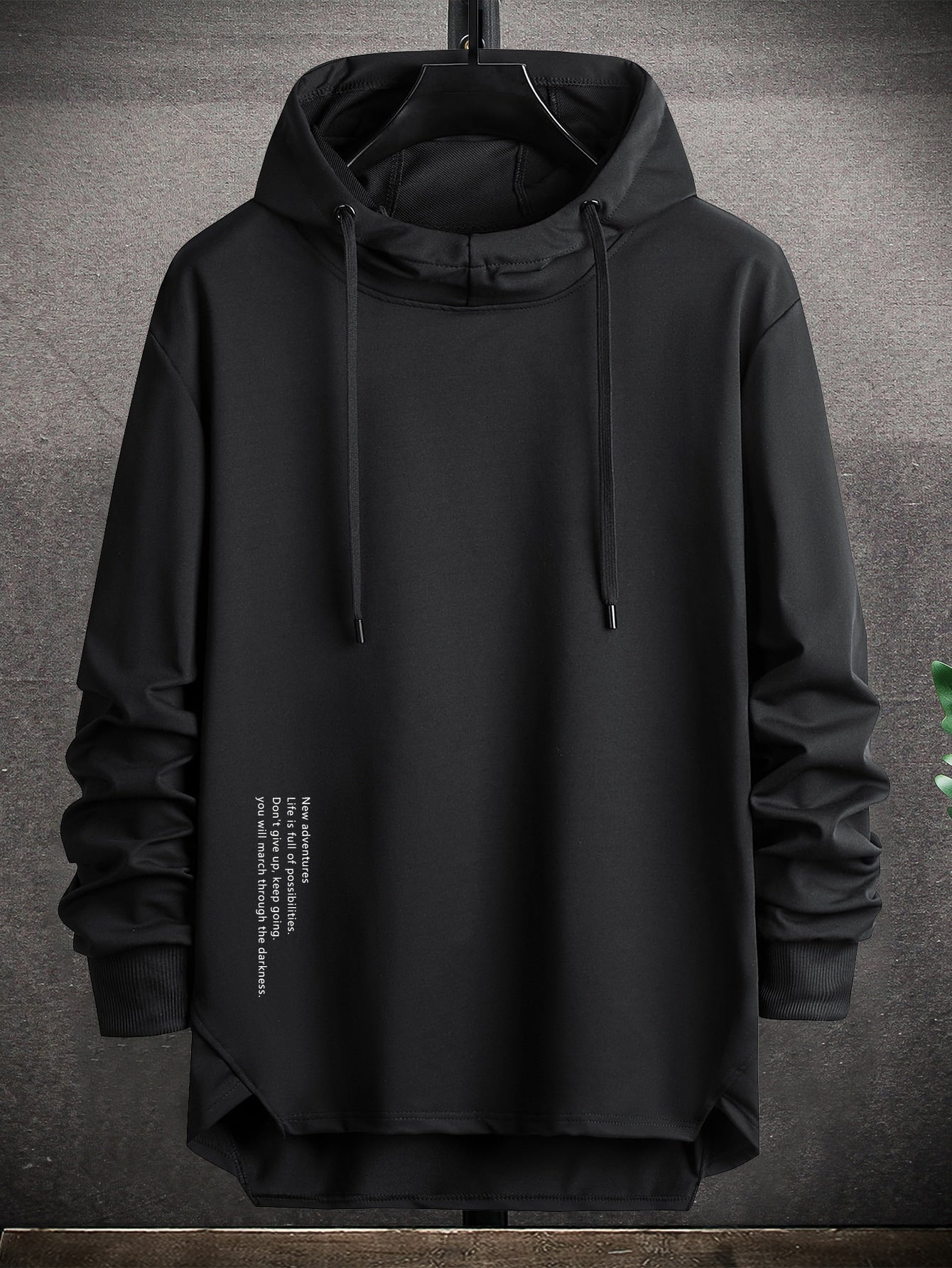 Manfinity Homme Men Slogan Graphic High Low Drawstring Hoodie