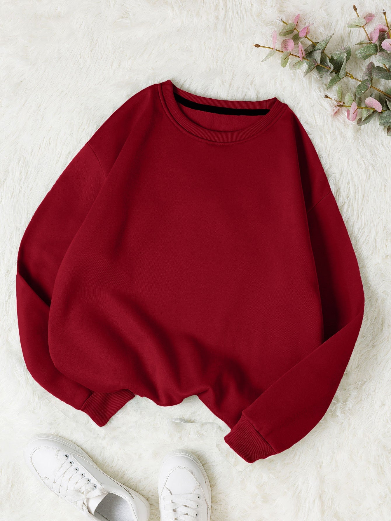 INAWLY Solid Round Neck Thermal Lined Sweatshirt,Long Sleeve Tops