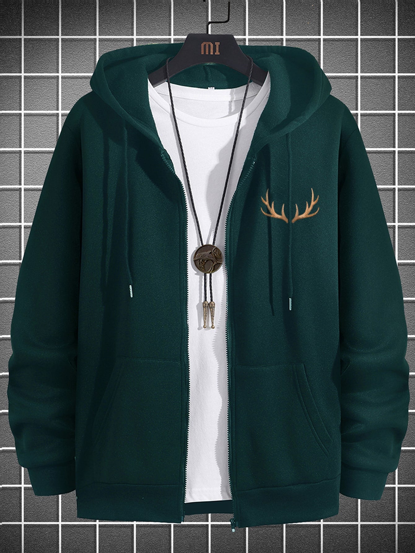 Manfinity Homme Men Antler Print Zip Up Thermal Lined Drawstring Hoodie Without Tee