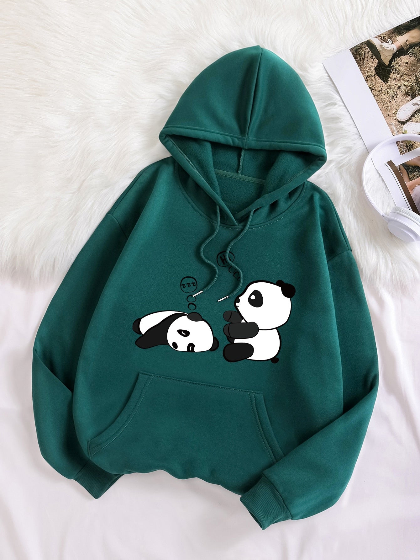 Qutie Panda Print Kangaroo Pocket Drawstring Thermal Hoodie,Long Sleeve Tops