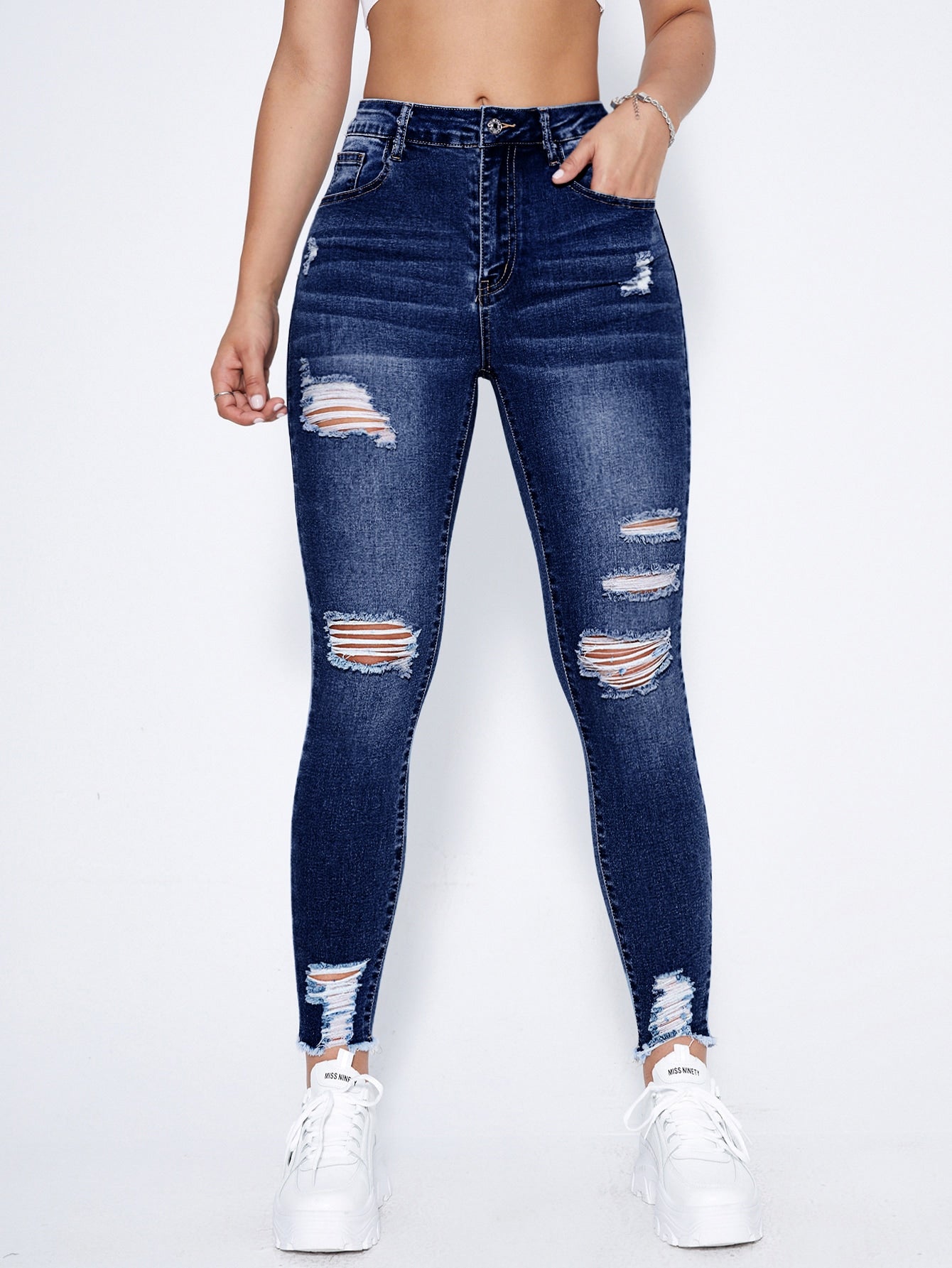 Essnce High Waist Ripped Moustache Effect Skinny Jeans