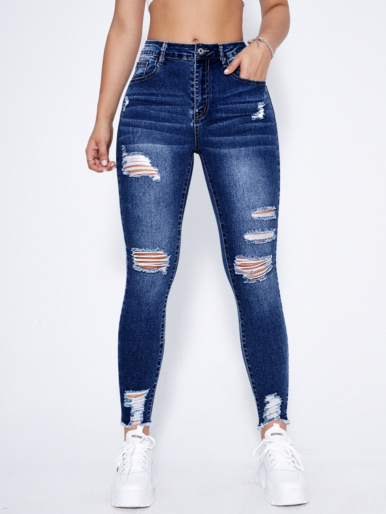 Essnce High Waist Ripped Moustache Effect Skinny Jeans