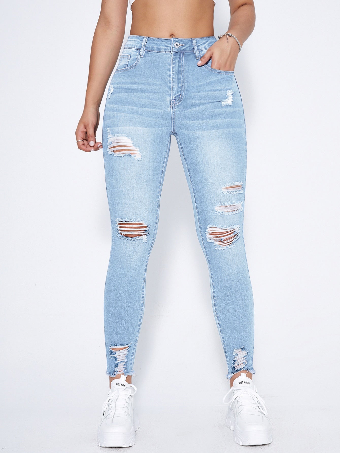 Essnce High Waist Ripped Moustache Effect Skinny Jeans