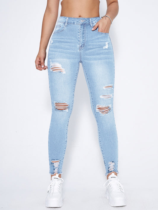 Essnce High Waist Ripped Moustache Effect Skinny Jeans