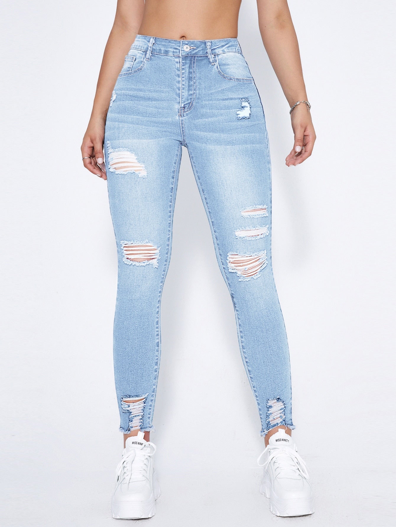 Essnce High Waist Ripped Moustache Effect Skinny Jeans