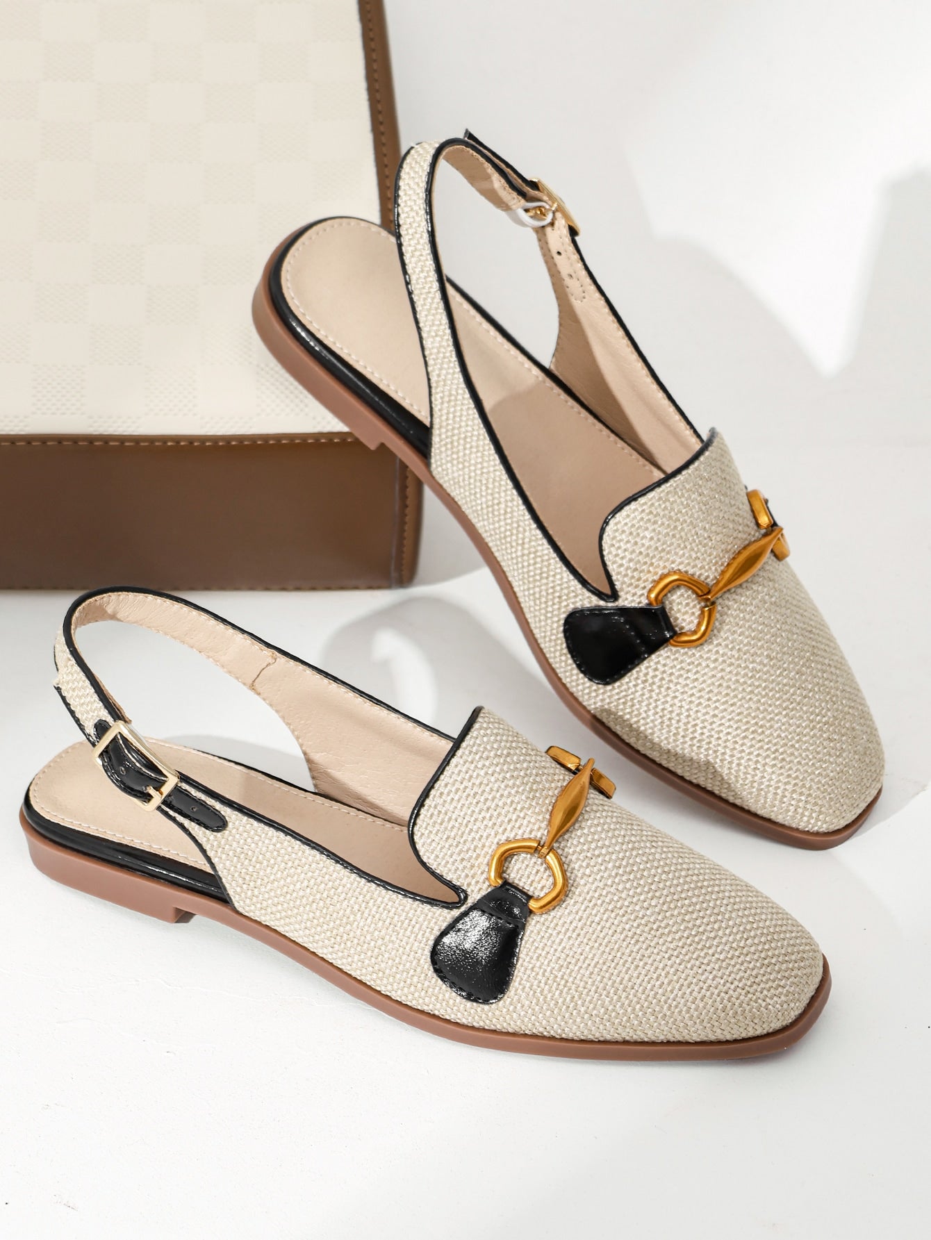 Fashion Apricot Flats For Women, Metal Decor Linen Slingback Flats