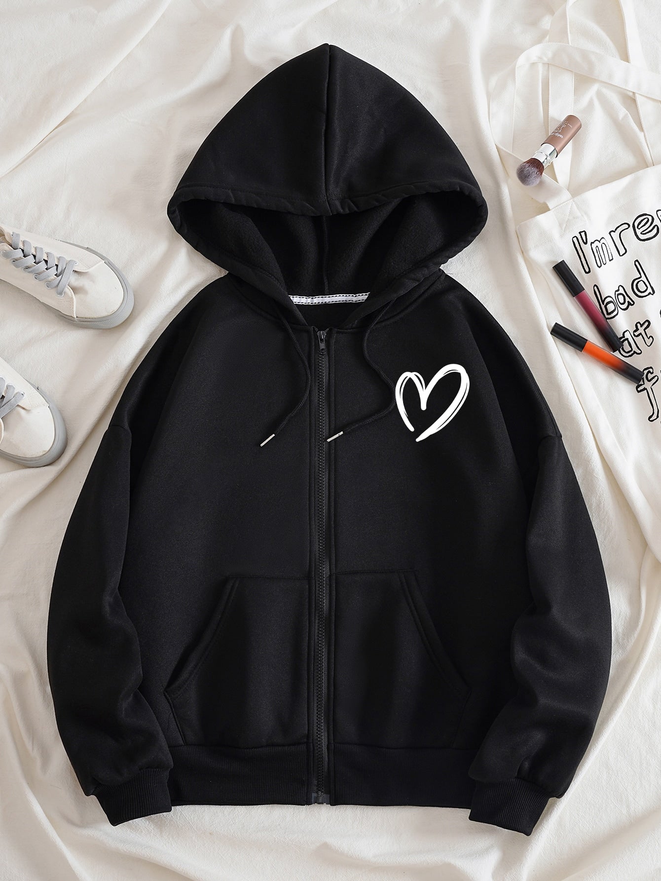 Essnce Heart Print Zip Up Drawstring Thermal Lined Hoodie,Long Sleeve Tops