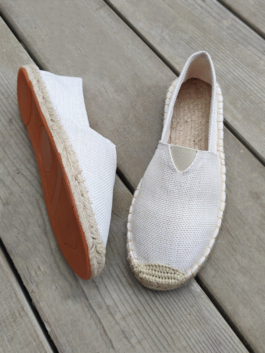 Men Minimalist Espadrilles Canvas Loafers White, White Solid Color Woven Grass Shoes