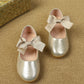 Girls Metallic Bow Decor Hook-and-loop Fastener Flats, Preppy Mary Jane Flats For Outdoor