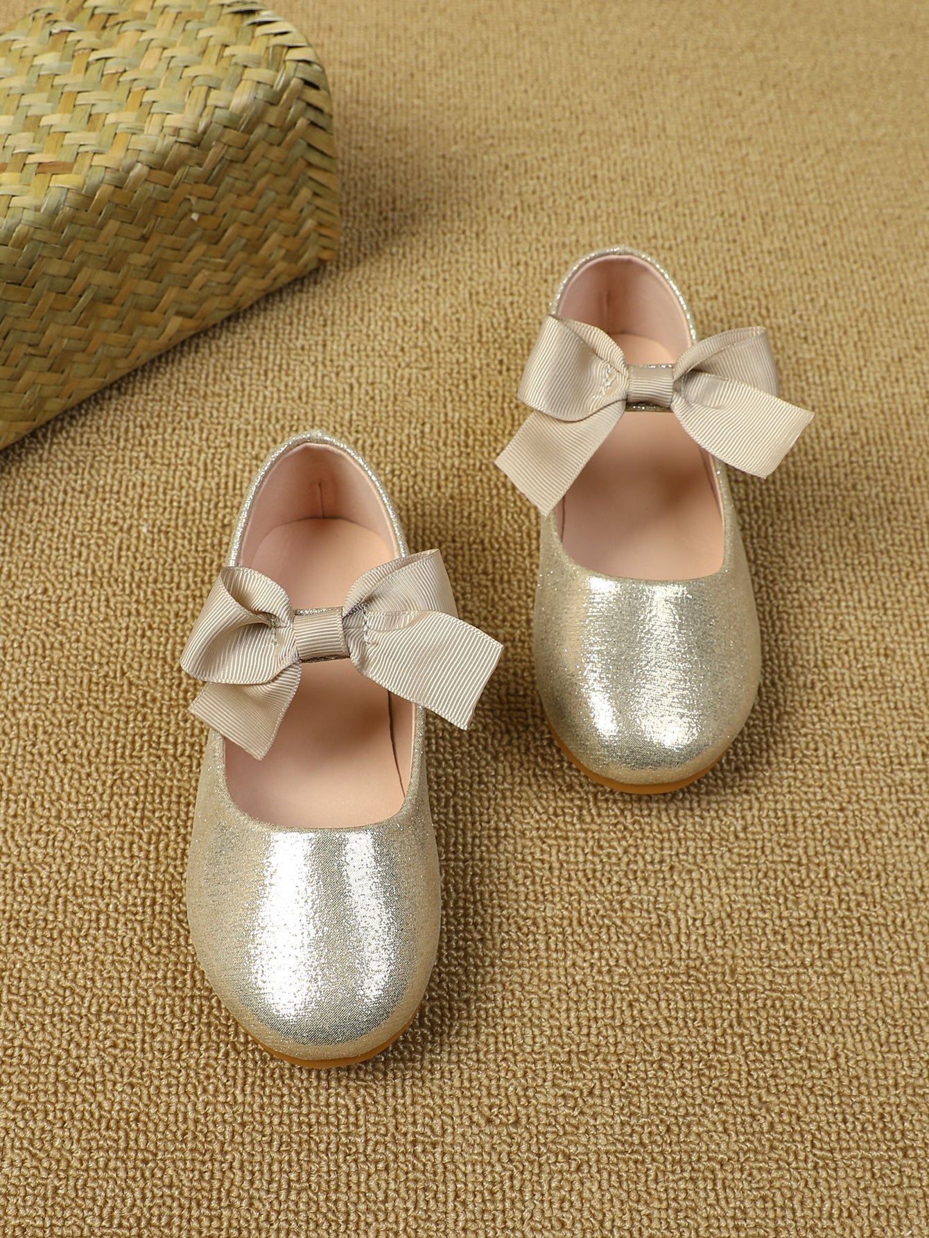 Girls Metallic Bow Decor Hook-and-loop Fastener Flats, Preppy Mary Jane Flats For Outdoor