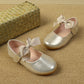 Girls Metallic Bow Decor Hook-and-loop Fastener Flats, Preppy Mary Jane Flats For Outdoor