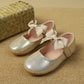 Girls Metallic Bow Decor Hook-and-loop Fastener Flats, Preppy Mary Jane Flats For Outdoor